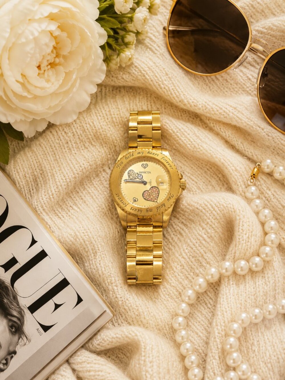 Invicta Gold Tone Women's Watch Custom Heart Dial Stainless Steel Needs Battery